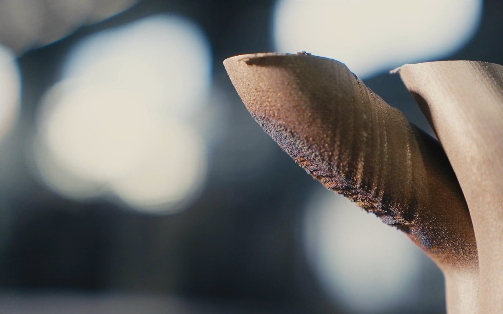Close-up of a printed metal part against a soft, dark background
