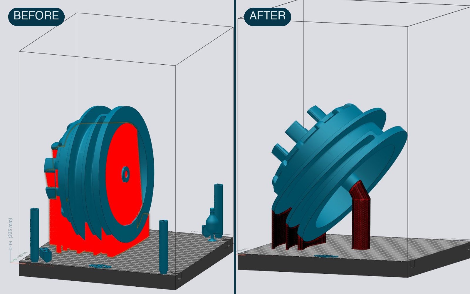 Build preparation before and after optimization: heavy supports versus reduced supports