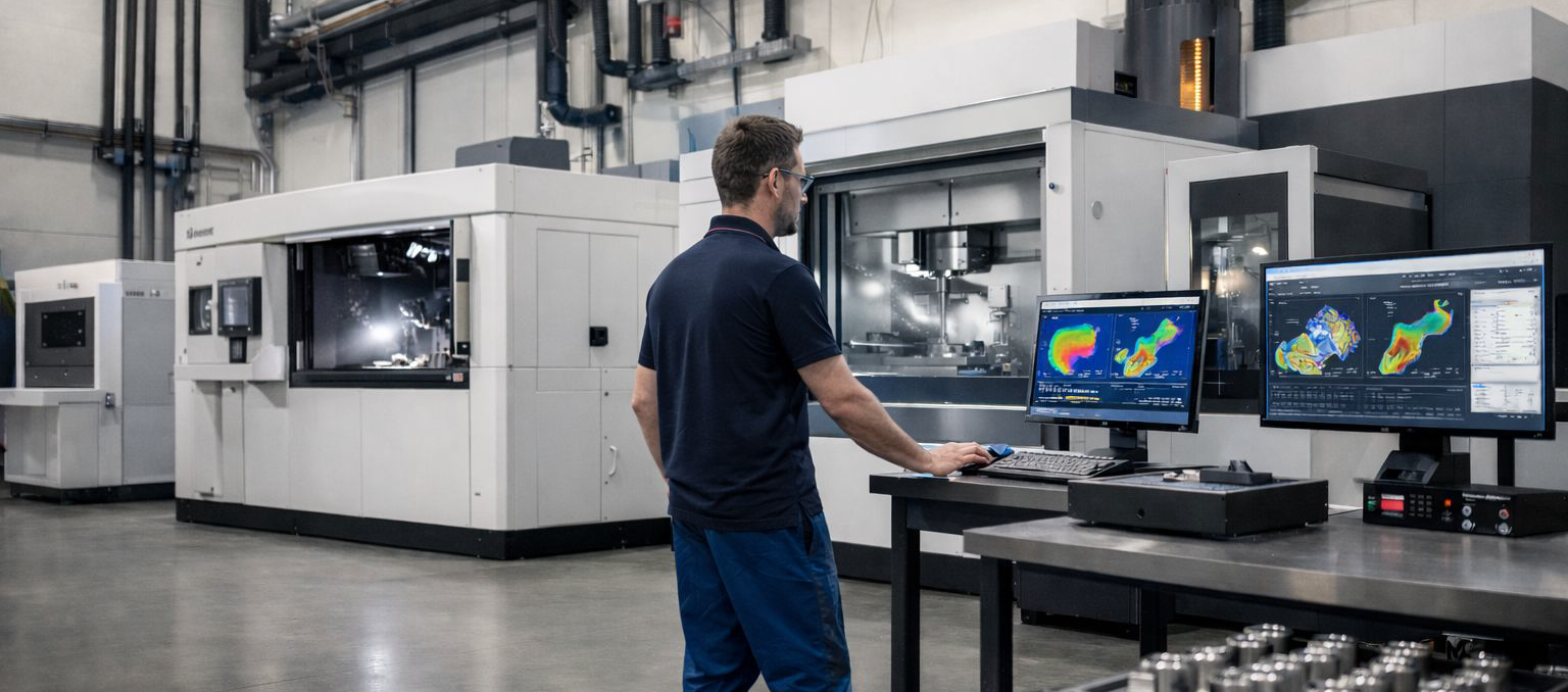 AI defined Vertically integrated metal production facility in Germany: powder-to-part under one roof — LPBF fleet, 5-axis CNC, heat treatment, surface finishing, full materials testing, and metrology room